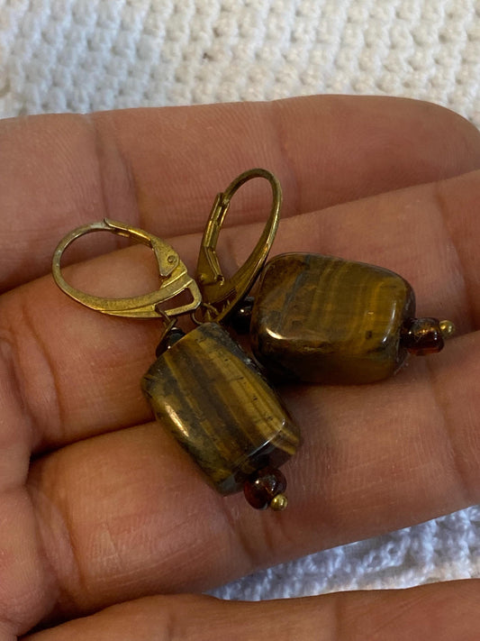 Orecchini a leva vintage occhio di tigre marrone anni 70 pietra naturale rettangolare 1,5 cm 0.59 in ganci dorati
