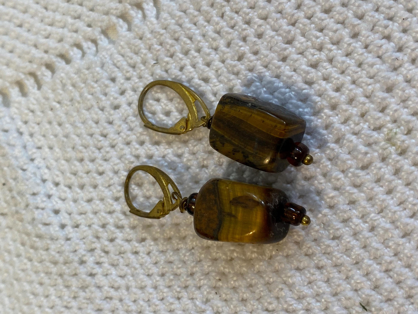 Orecchini a leva vintage occhio di tigre marrone anni 70 pietra naturale rettangolare 1,5 cm 0.59 in ganci dorati
