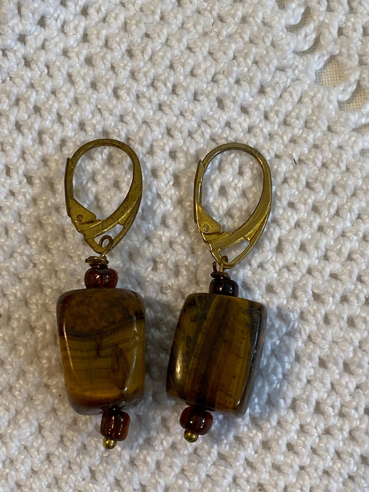 Orecchini a leva vintage occhio di tigre marrone anni 70 pietra naturale rettangolare 1,5 cm 0.59 in ganci dorati