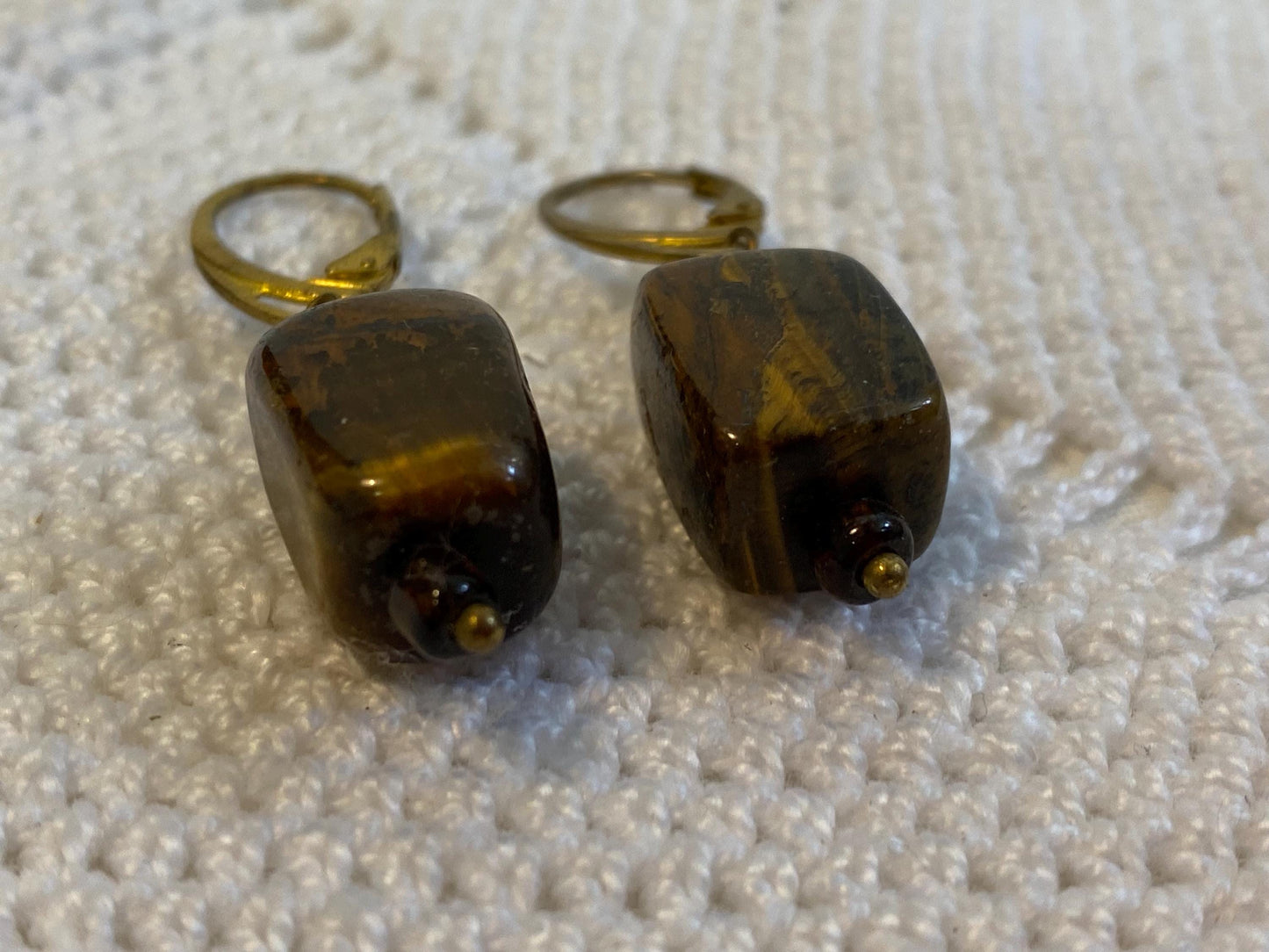 Orecchini a leva vintage occhio di tigre marrone anni 70 pietra naturale rettangolare 1,5 cm 0.59 in ganci dorati