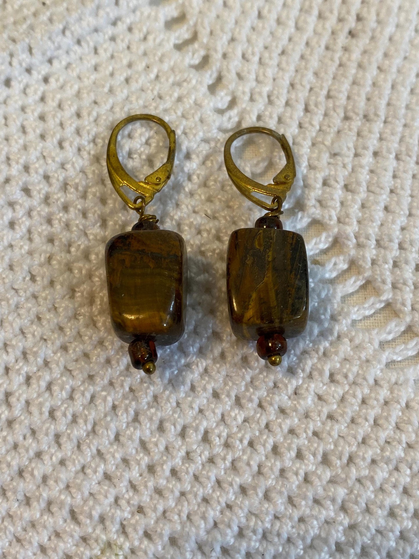 Orecchini a leva vintage occhio di tigre marrone anni 70 pietra naturale rettangolare 1,5 cm 0.59 in ganci dorati