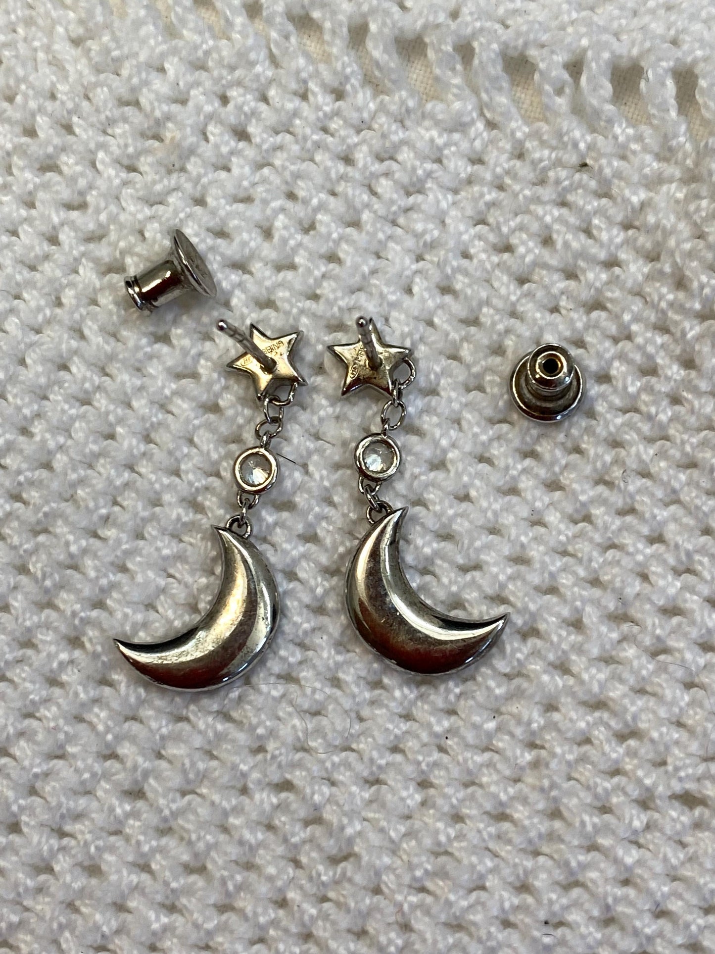Sterling Silver Star & Crescent Moon Dangle Earrings, Mabina 925, Sparkling Zirconia Celestial Jewelry, Rare One-Off Gift for Moon Lovers