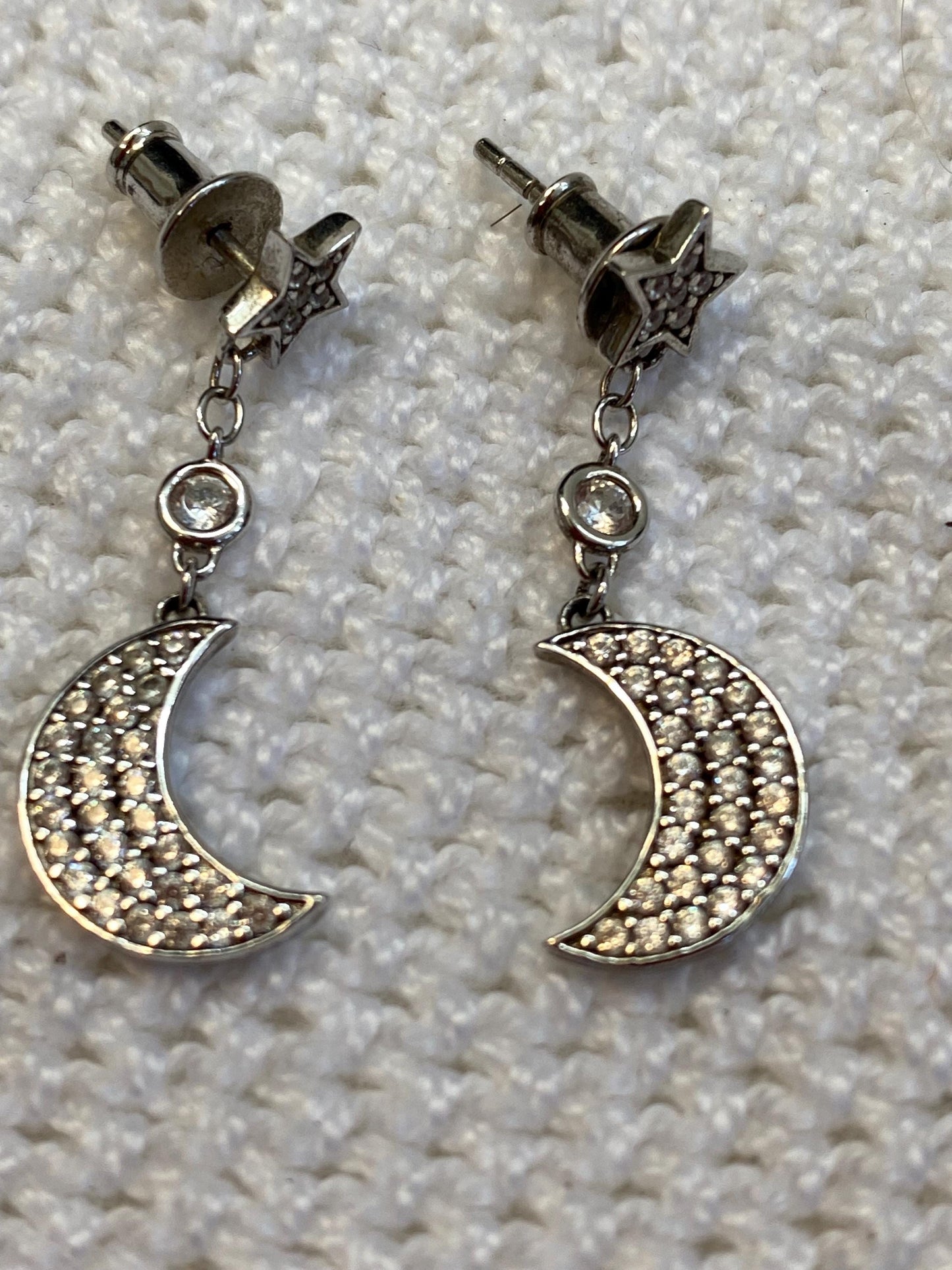 Sterling Silver Star & Crescent Moon Dangle Earrings, Mabina 925, Sparkling Zirconia Celestial Jewelry, Rare One-Off Gift for Moon Lovers