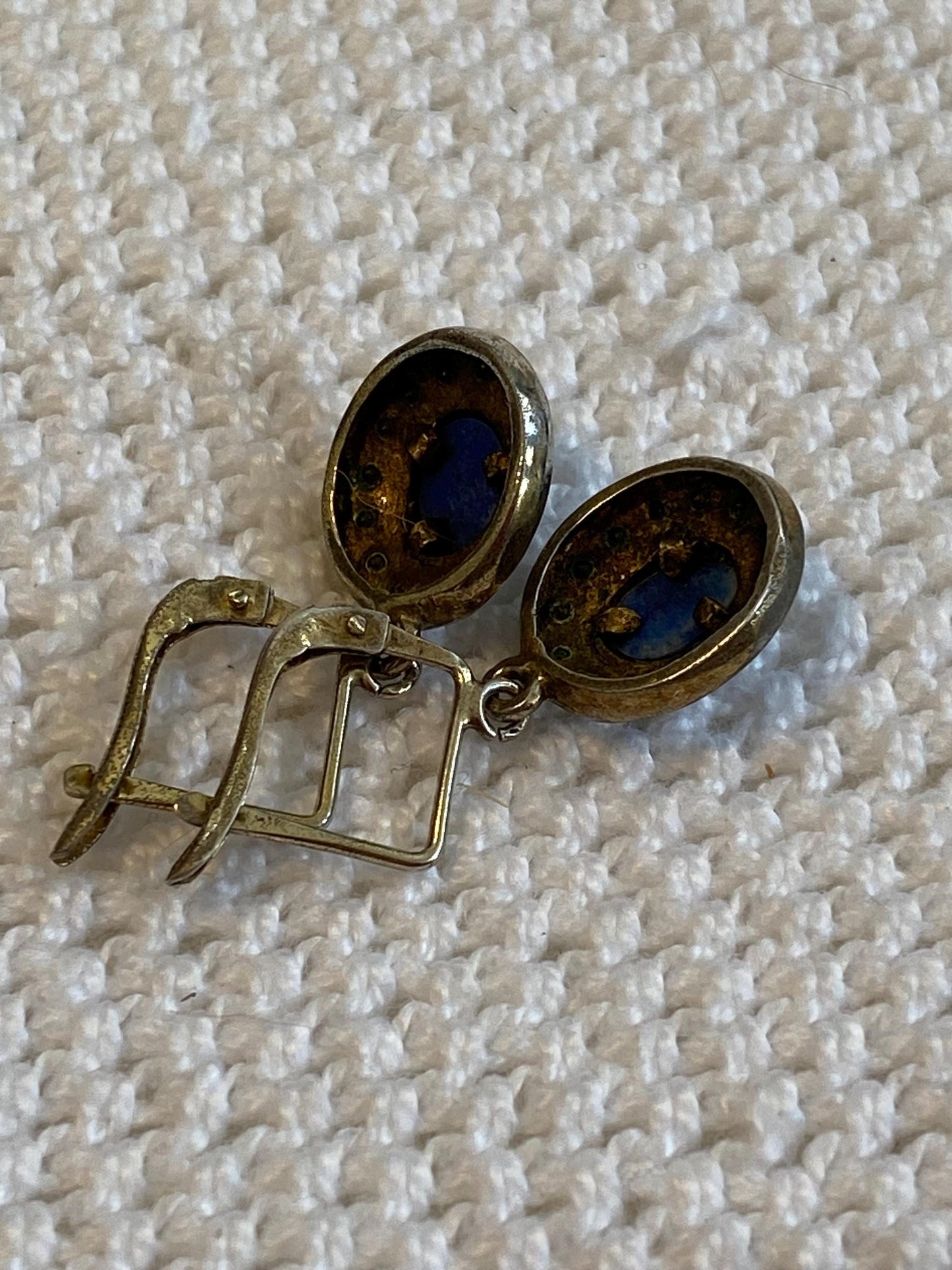 Orecchini pendenti vintage argento 835 cabochon blu & cristalli, leverback anni 60 piccoli drop eleganti gioiello raro collezione
