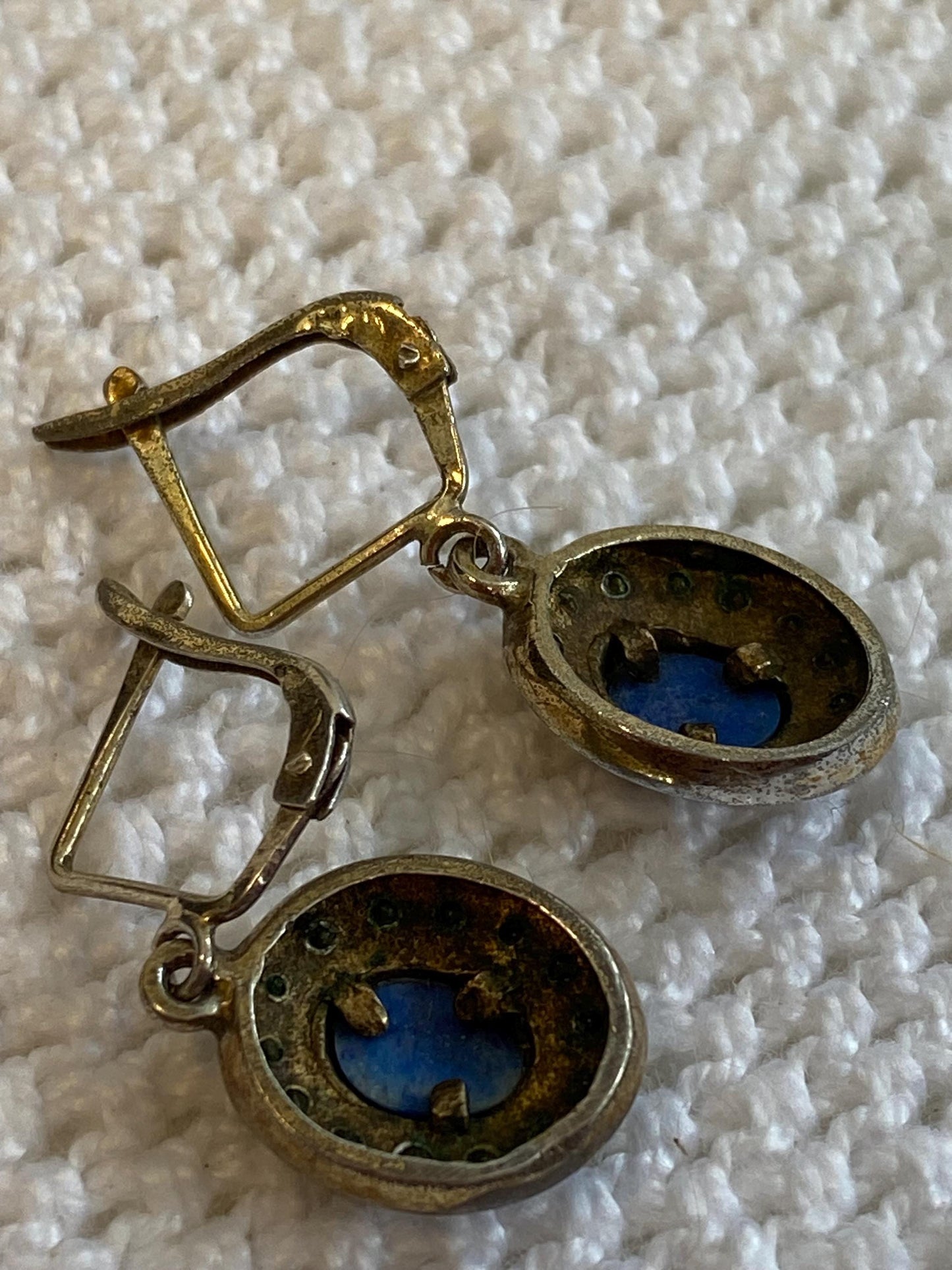 Orecchini pendenti vintage argento 835 cabochon blu & cristalli, leverback anni 60 piccoli drop eleganti gioiello raro collezione