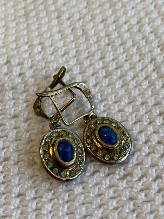 Orecchini pendenti vintage argento 835 cabochon blu & cristalli, leverback anni 60 piccoli drop eleganti gioiello raro collezione