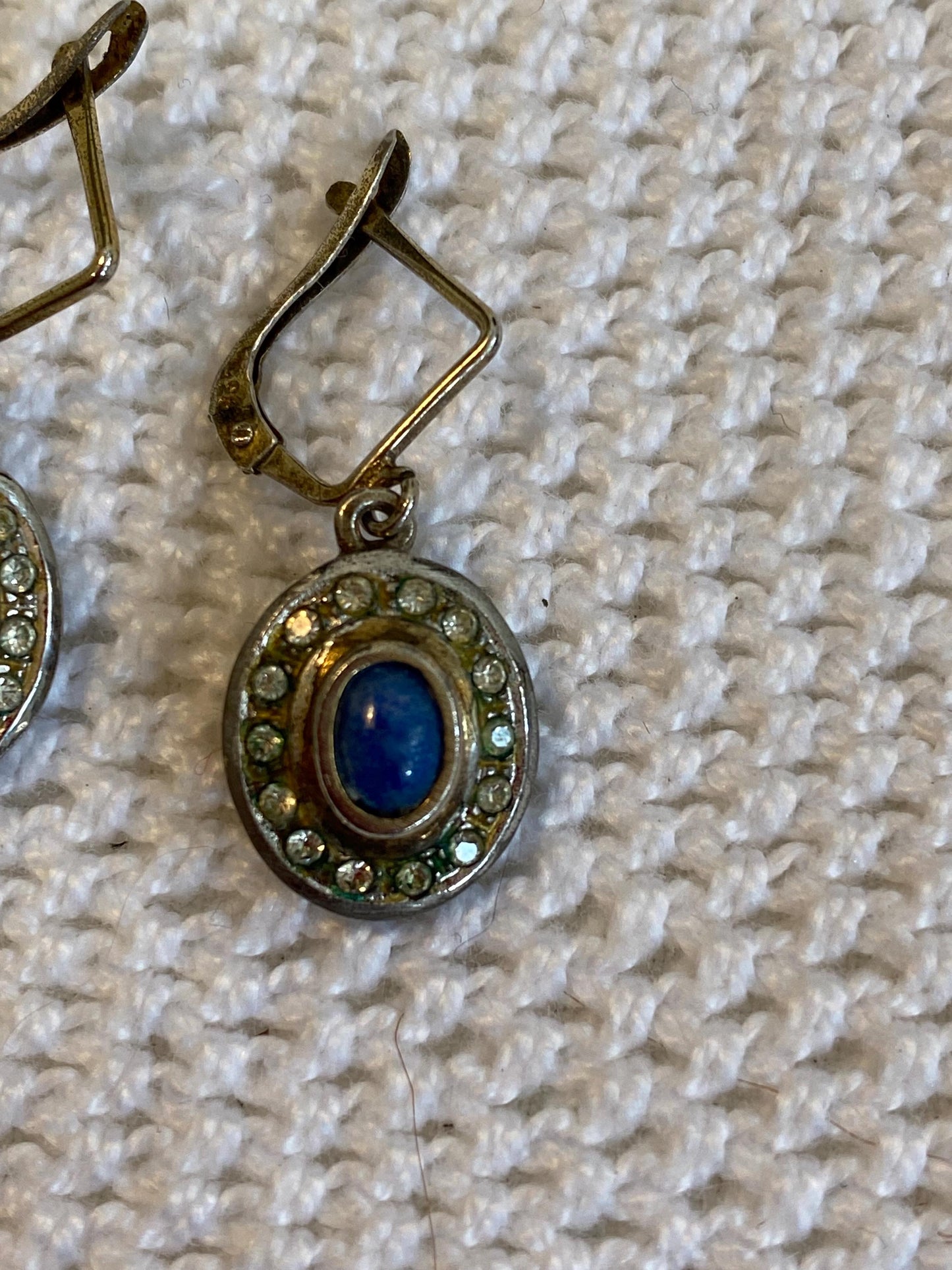 Orecchini pendenti vintage argento 835 cabochon blu & cristalli, leverback anni 60 piccoli drop eleganti gioiello raro collezione