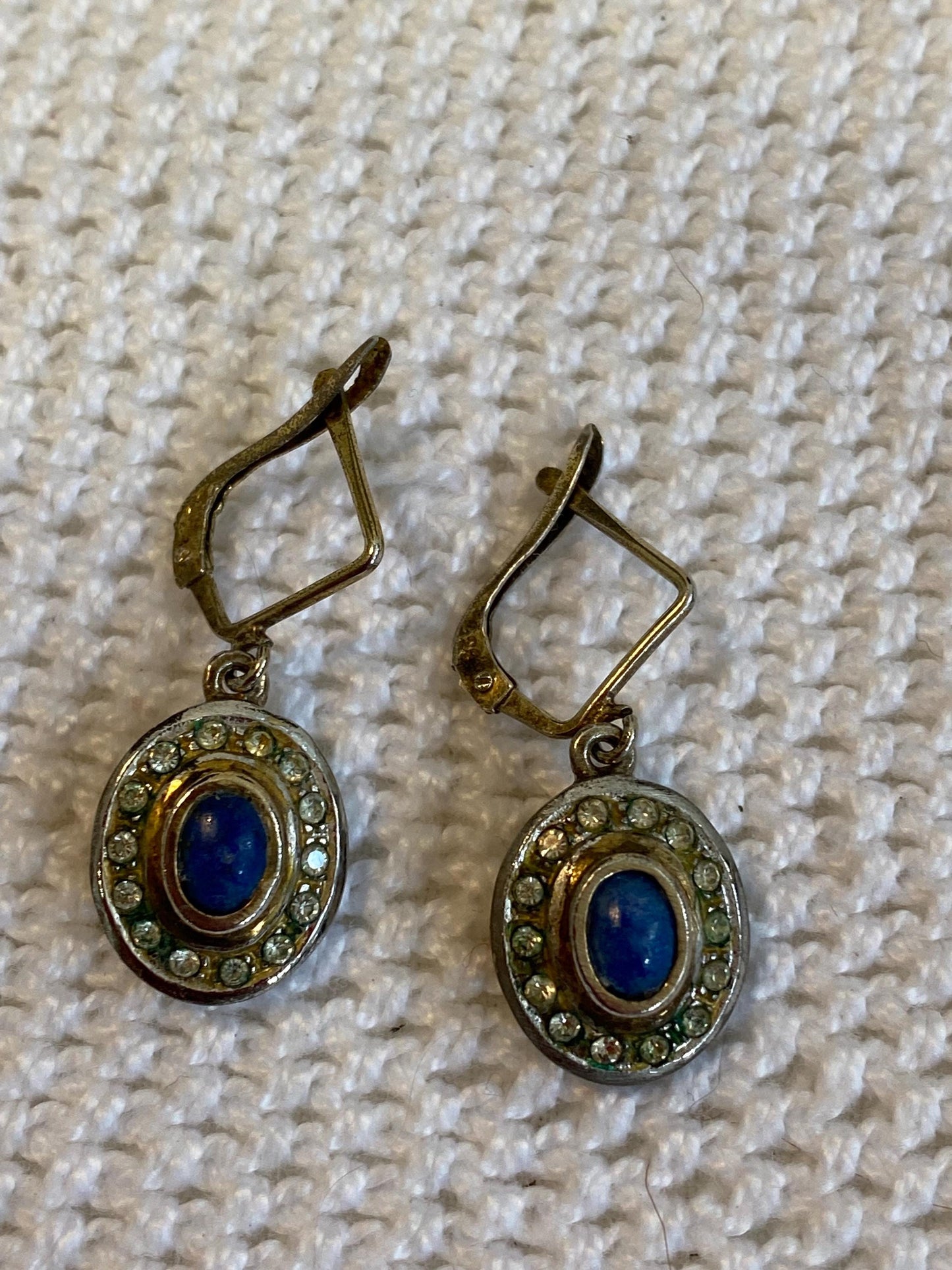 Orecchini pendenti vintage argento 835 cabochon blu & cristalli, leverback anni 60 piccoli drop eleganti gioiello raro collezione