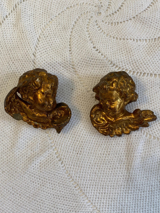 Coppia putti barocchi legno dorato 8 × 8 cm - sculture vintage anni 50 per decorazione parete e collezionismo, pezzo unico